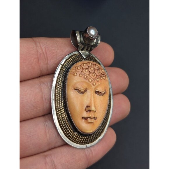 Tabra Guan Yin Buddha Goddess Resin Face Sterling Silver Earrings Pendant Set - Picture 8 of 16